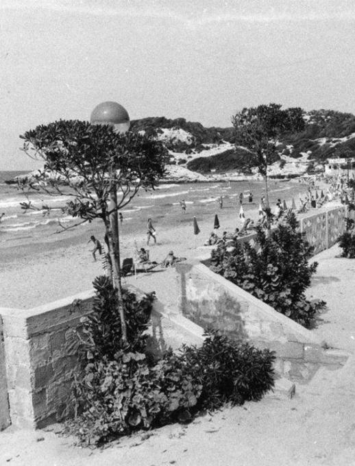 Spiaggia con persone, mare e vegetazione, atmosfera vintage in bianco e nero.